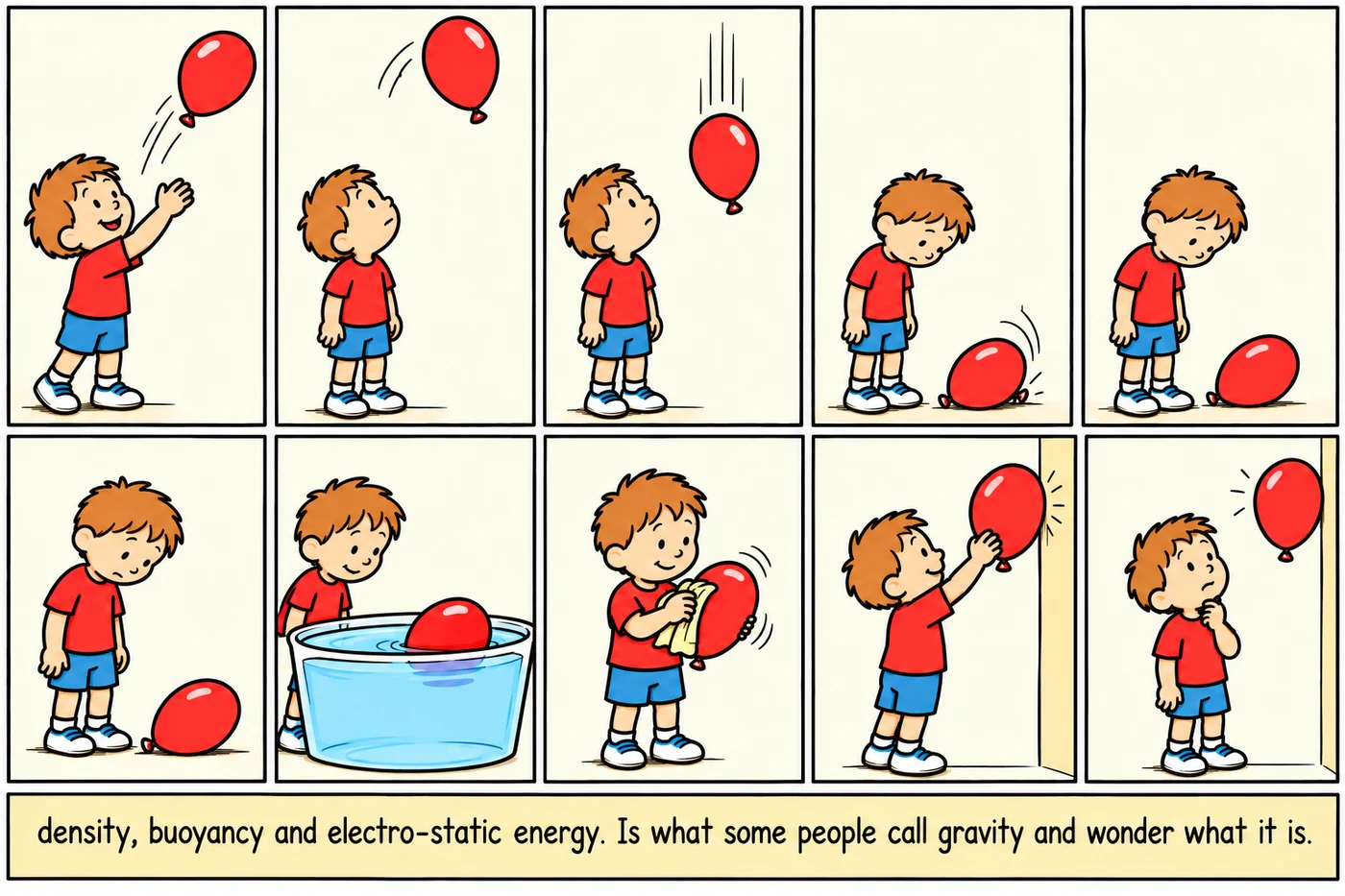 A ten-panel comic of a child experimenting with a red balloon, including placing it in water and rubbing it against their hair.