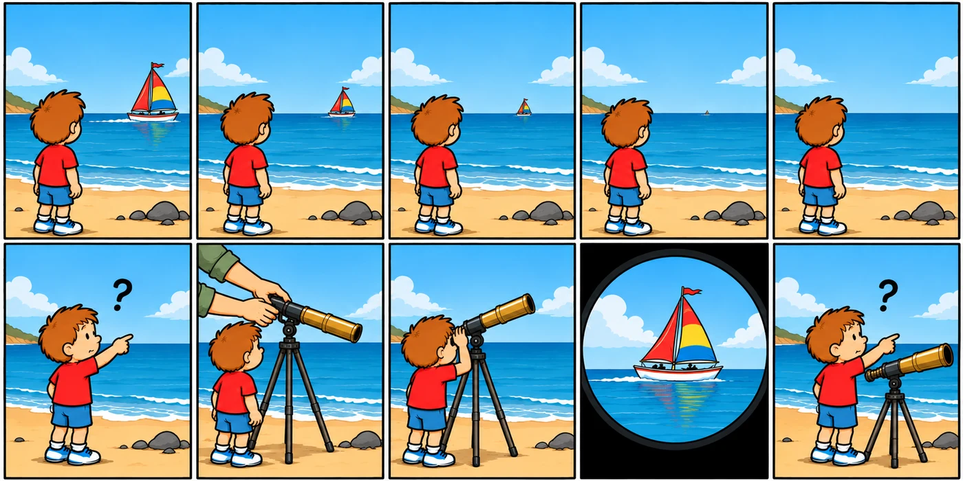 A child watches a sailing boat recede towards the horizon, then looks through a telescope in a sequence of ten comic panels.