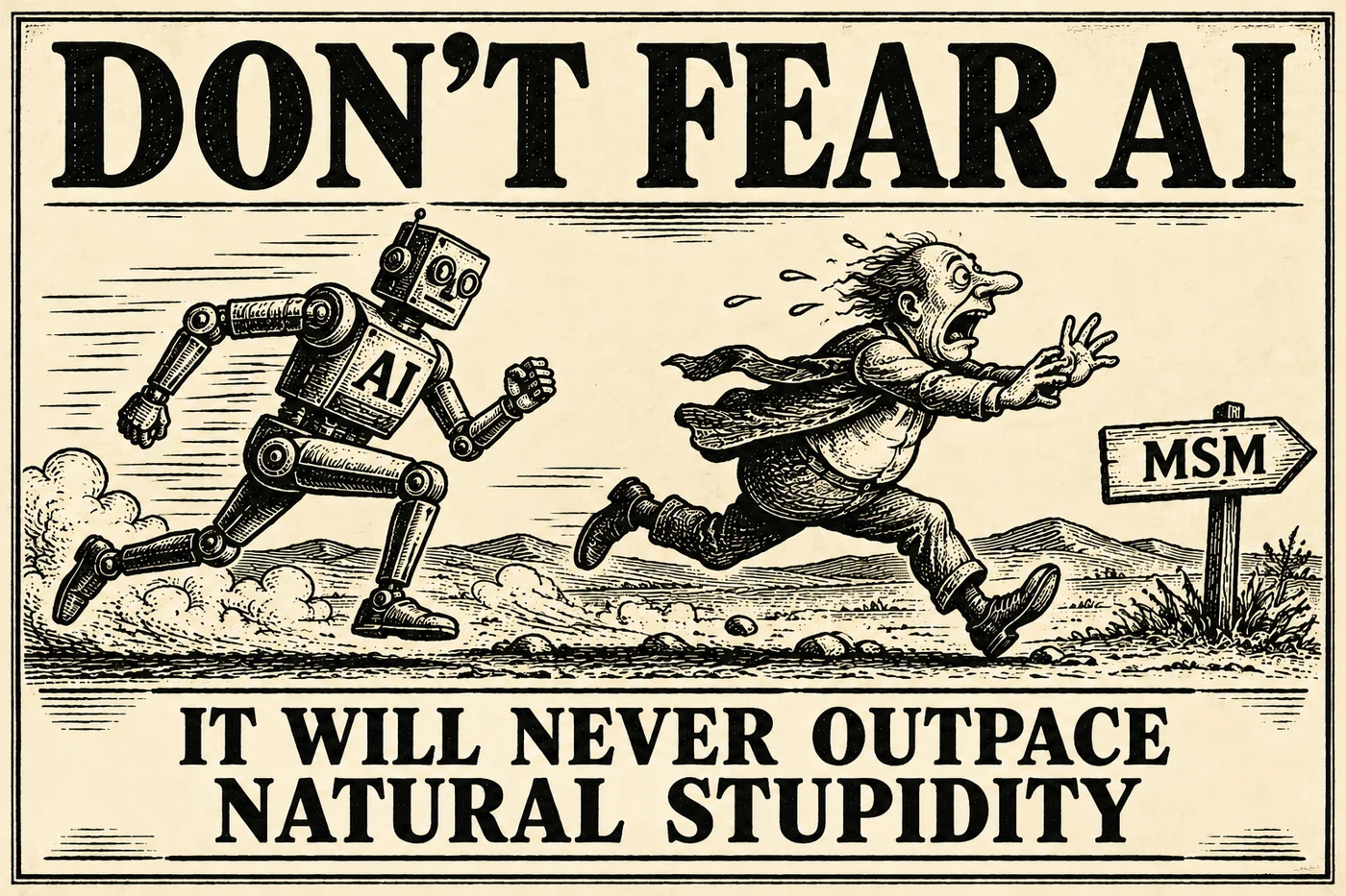 A vintage-style cartoon of a robot chasing a man beneath the words “Don’t fear AI”, with the caption “It will never outpace natural stupidity”.
