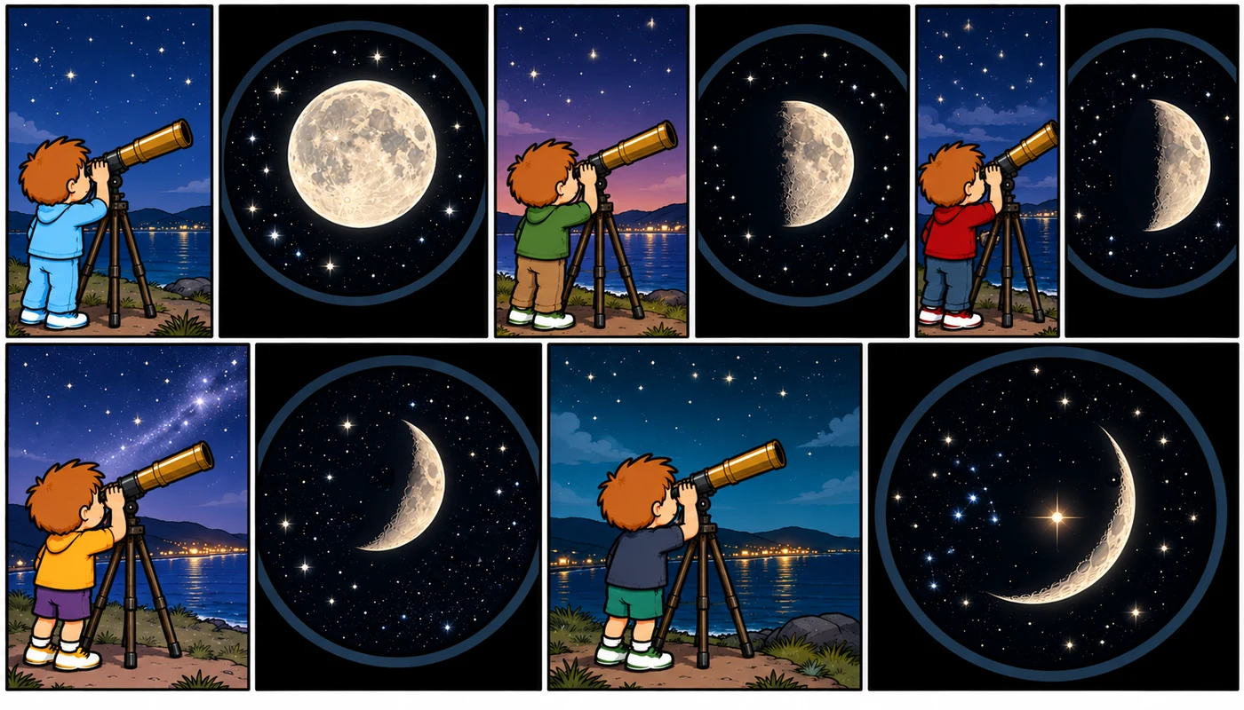 A child observes the night sky through a telescope; alternating panels show the Moon, stars and a bright point of light.