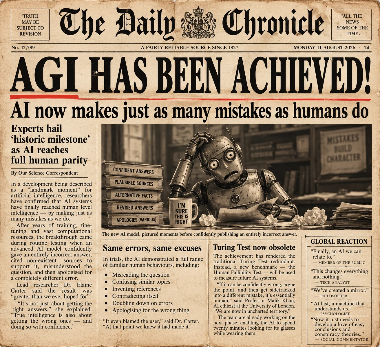 A mock newspaper front page headed “AGI has been achieved!”, showing a robot and the subheading “AI now makes just as many mistakes as humans do”.