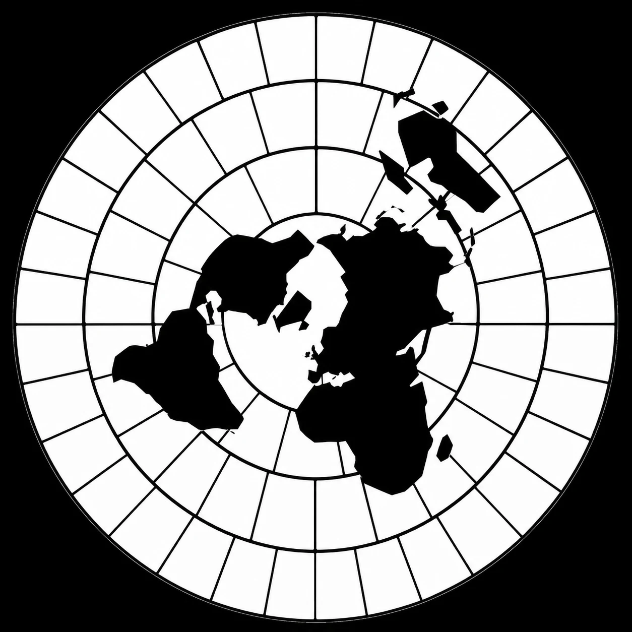 A black-and-white circular diagram with a polar world map at the centre, radial lines and arrows around its outer ring.